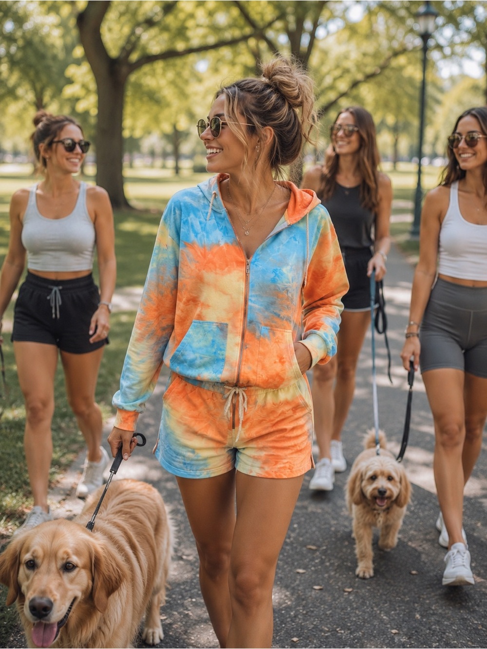 RoseVelvet Women's Tie-Dye Zip Hoodie And Short Set in Orange & Blue